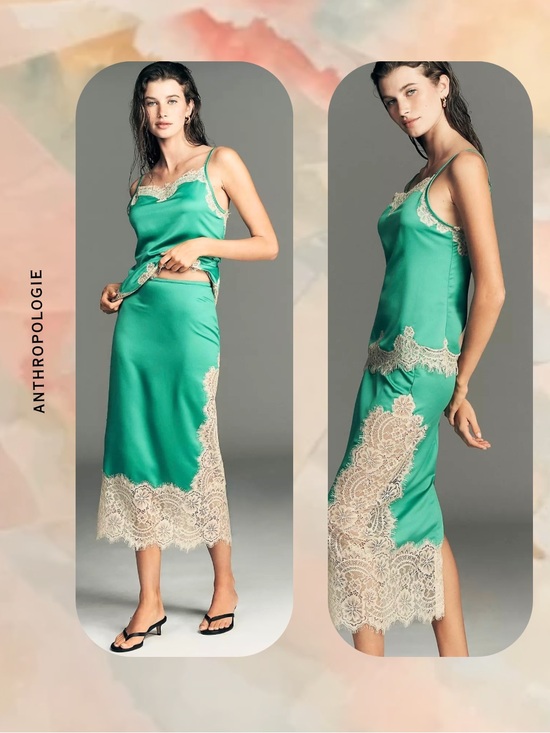 Anthropologie Dresses & Skirts - NWT🎉 Anthropologie Teal Satin Midi Skirt with Cream Lace Hem